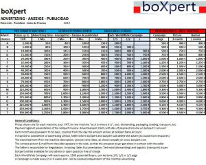 Advertizing: Price list for placing your machine in boXpert´s web